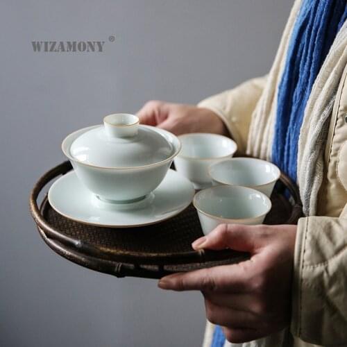 Jingdezhen Yingqing Three-Force Cover Bowl Kung Fu Tea Set Handmade Ceramic Tea Bowl Large Cup Chinese Yixing Tea Set