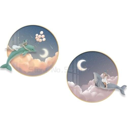 Childrens room decoration painting bed hanging painting warm scenery healing dolphin and whale three-dimensional mural