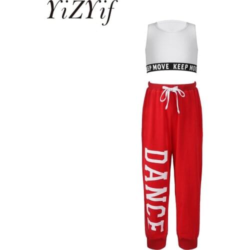 Childrens Clothing Girls Jazz Tracksuit Summer Dance Costumes Kids Hip-Hop O-Neck Letter Sleeveless Crop Top Pants Cotton Suits