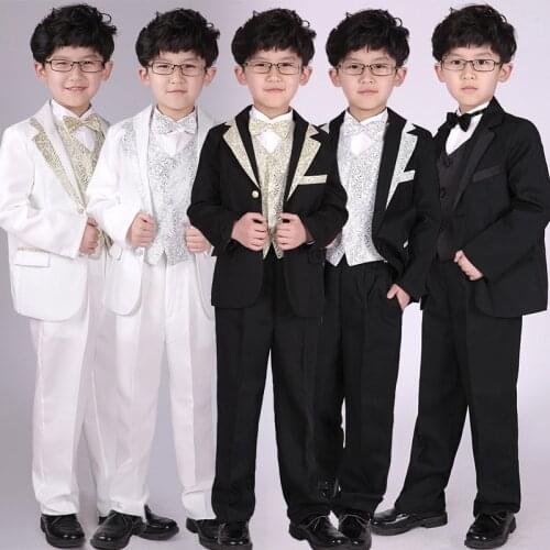 Perfect Patchwork Silver Gold Clothes Sets Boys 5PCS/Set Children Costume Formal Party Blazers Pants Bow Tie Vest Clothing Suits