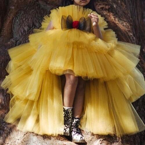 Yellow Hi-Lo Flower Girl Dresses Tulle Tiers Lilttle Kids Ball Gown Birthday Pageant Weddding Gowns for Girls