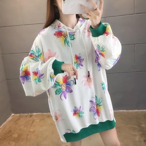 Retro Long Hoodies Women Spring Autumn Thin Korean Pint Flower Loose Hoodie Woman Top