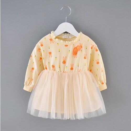 Girls Dresses Kids Long Sleeve Fall Clothes Cartoon Printed Wings Appliques Mesh Splicing Princess Party Dress Children Outfits
