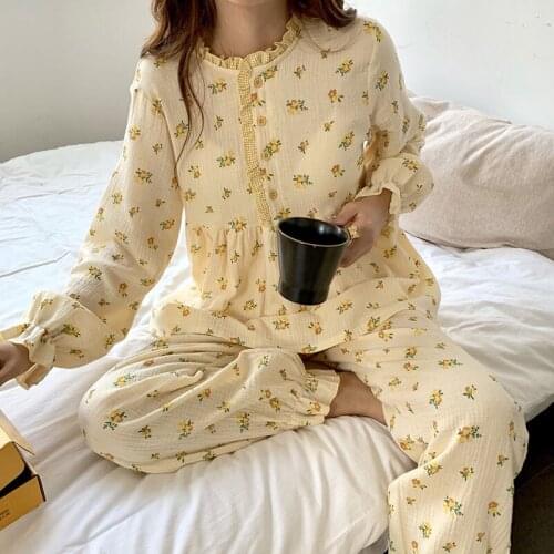 Fdfklak Autumn Womens Pajama Sets Floral Print Fashion Cotton Female Pyjamas Two Pieces Shirts + Pants Nighties Sleepwear