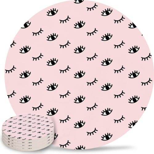 Eyes Repeating Cartoon Eyelashes Art Pink Placemat Ceramic Drink Coasters Table Decoration Absorbent Moisture