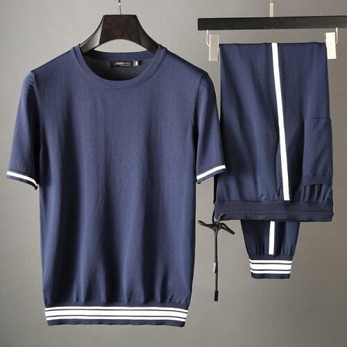 JSBD summer color contrast sport two-piece suit (jacket + trousers) made of pure silk comfortable and breathable fabric for men