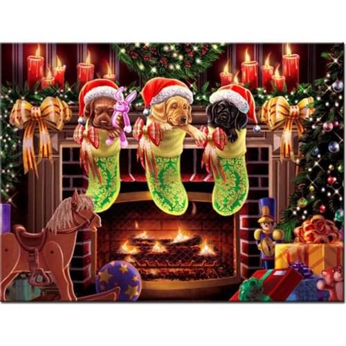 Fireplace Socks Dog pictures,3d diamond painting Full Square puzzle diamond,diamond painting embroidery New Year Gift YG2310