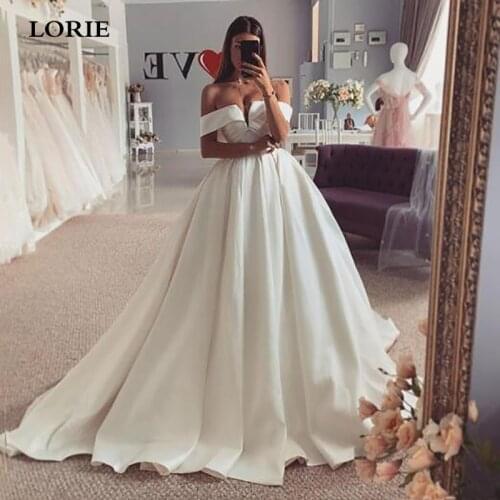 LORIE Satin Princess Wedding Dresses A Line Off The Shoulder Smiple Bride Dresses Long Train White Ivory Wedding Ball Gown 2021