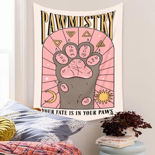 Cute Tarot Cat Paws Tapestry Witchcraft Bohemian Style Tarot Tapestry Wall Hanging Home Decor Hippie Mattress Girls Dorm Room