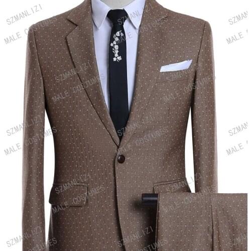 High Quality Men Suit 2019 Casual Slim Fit Notch Lapel Groom Tuxedos Dots Brown Business Party Men Suits Wedding Best Man Blazer