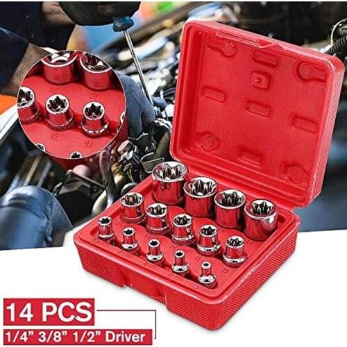 14 PCS Female Torx Bit Star-Shaped Socket Set 1/4, 3/8, 1/2 inch drive E4 - E24(4MM-24MM) Car Repair Tool