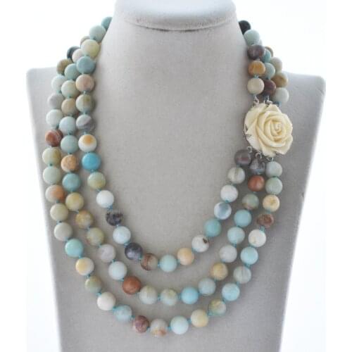 Z10698 3Row 19" 10mm Round Blue Amazonite Bead Necklace
