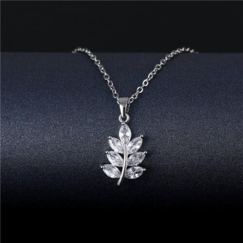 White Zircon Branches Leaf Pendant Necklace Vintage Fashion Silver Color Chain Necklaces For Women Boho Stainless Steel Necklace