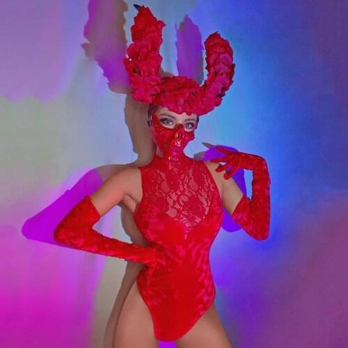 Sexy DJ Nightclub Stage Costume Red Lace Bodysuit Halloween Party Rave Outfit For Women Gogo Pole Dance Performance Wear BL4949