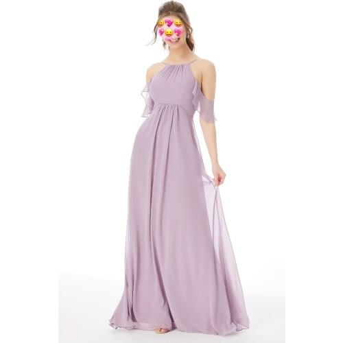 Halter Bridesmaid Dresses Flutter Sleeve A-Line Lilac Chiffon Wedding Party Gowns 2020 Spaghetti Straps Long