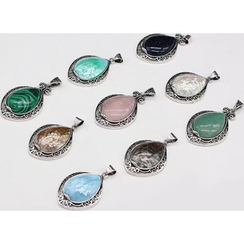 Natural Shell Alloy Pendant Retro Drop Shape Sandstone Malachite Crystal pendant For Jewelry Making Charm Necklace Gift 35x45mm
