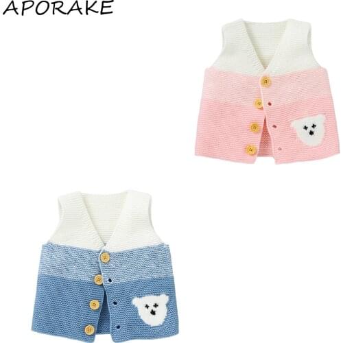 2021 0-12M Baby Boy Girl Casual Knitted Vest Autumn and Winter Cartoon Bear Jacquard Button Fly V-neck Sleeveless Cardigan Coats
