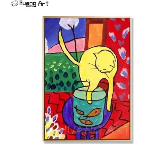 Hand-painted Modern Cat is Playing with Fish Painting for Wall Decor Reproduction Henry Matisse Oil Painting on Canvas Animals