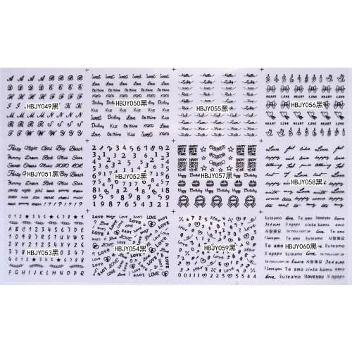 12 SHEETS NAIL ART 3D SELF ADHESIVE GOLD SILVER BLACK WHITE STICKER DECAL SLIDER ALPHABET NUMBERS HEART BOW TIE HBJY49-60