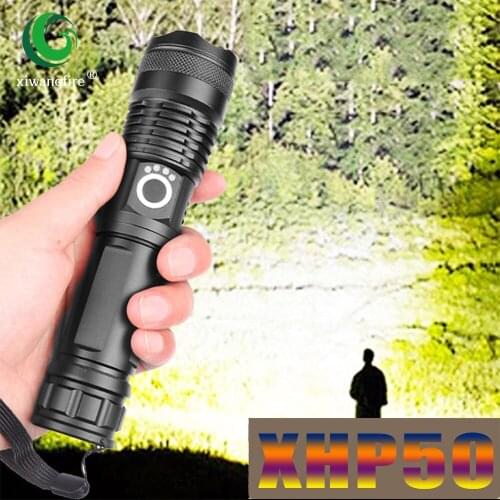 XHP50 Tactical Flashlight Torch Strong Light Rechargeable LED Flashlight Use18650 or 26650 Battery Zoom 5 Modes Outdoor Camping