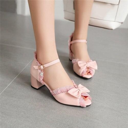 YQBTDL Summer 2020 Princess Lace Ruffles Lolita Shoes Pink Black Peep Open Toe Heels Cute Bowtie Girls Block High Heel Sandals