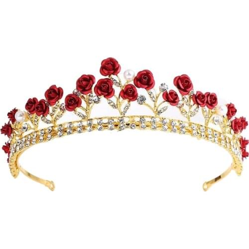 Rose Crown Rhinestone Headband Crystal Pearl Hair Hoop Vintage Hairband for Kids Bridal Stage Performance Costume