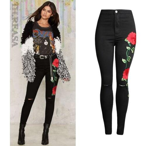 Women Elastic Embroider Flower Black Casual Jeans Long Trouser Female Vintage Ripped Hole Stretch Slim Skinny Pencil Denim Pants