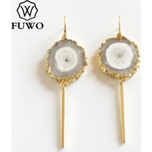 FUWO Trendy Women Natural Stalactites Slice Earrings Genuine Gold Electroplated White Crystal Quartz Jewelry Wholesale ER045