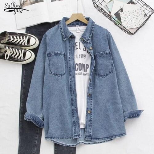 Long Sleeve Pocket Cardigan Streetwear BF Jean Jacket Simple Solid Denim Shirt Coat Women Y2K Harajuku Cowboy Outwear Tops 16761