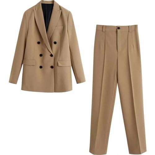 2021 Autumn Winter New Women Two Piece Set Double Breasted Blazer & High-Waist Straight Trousers Pants