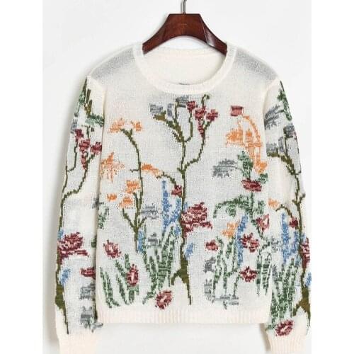 Autumn Thin Long Sleeve See Through Women Knit Pullover Sweater Flowers Jacquard O-neck Knitting Sweater Casual Jumper Sweater