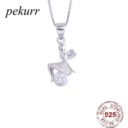 Pekurr 925 Sterling Silver Butterfly Fairy Sit Round Ball Necklace For Women Crystal Angel Elegant Pendants Fashion Jewelry