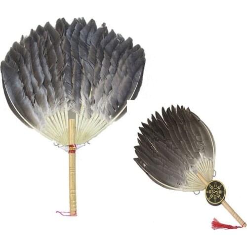 1pc Vintage Chinese Fan Goose Feather Zhuge Liang Wedding Party Black Dance Feather Hand Fan Wood Craft Decoration Accessories