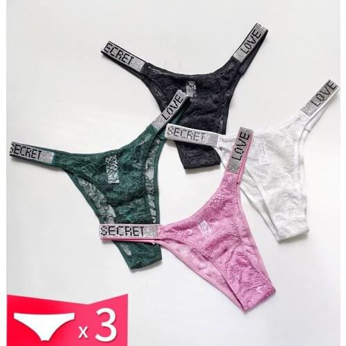 3Pcs Low Rise Ladies Briefs Black Lingerie Sexy Women Underwear Rhinestone Lace Pantie G Transparent T Back for Female Tanga