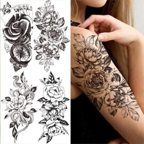 3D Dahlia Flower Temporary Tattoos For Women Men Poker Compass Snake Rose Fake Tatoos Realistic Arm Waterproof Tattoo Sticker