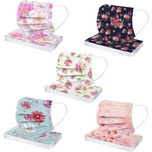 50pc Spring Floral Mask Adult Respirator Protective Face Mask Disposable 3ply Filter Mouth Masks Halloween Cosplay Masque