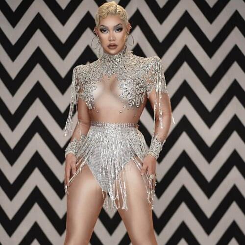 Sparkly Rhinestones Sequins Tassel Bodysuit Fringe Dance Costume Sexy Club Singer Performance Stage Wear Birthday Party Outfit