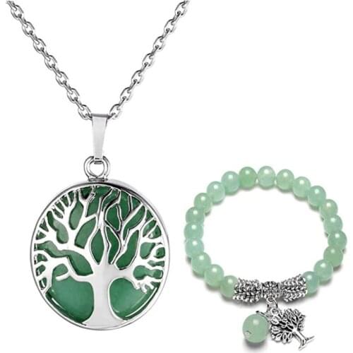 FYSL Silver Plated Tree of Life Green Aventurine Pendant Bracelet for Women Rose Pink Quartz Jewelry Set