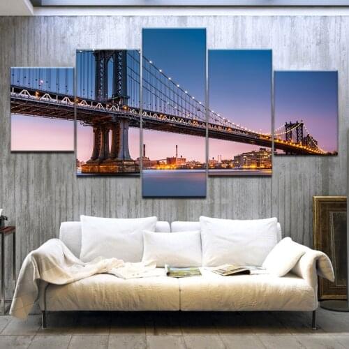 Canvas HD Prints Pictures Framework 5 Pieces Brooklyn Bridge sunset glow City Night View Paintings Home Wall Art Decor Posters