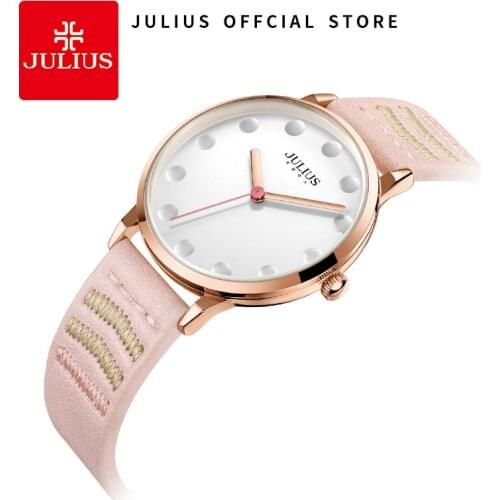 JULIUS 2018 Women Pink Watch For Girls Quartz Wrist Watch Hole Dial Designer Whatch Leather Strap Dress Relogio Feminino JA-1021