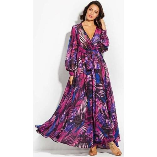 Summer Women Floral Dress 2021 BohoV-Neck Tie Tunic Long Lantern Sleeve Split Dress vestido Flowy Evening Party Maxi Dresses