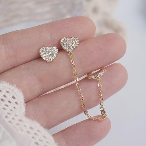 Hot fashion jewelry exquisite 14K real gold plated zircon earrings sweet love asymmetric chain ear bone clip women earrings