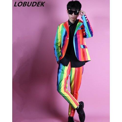 2019 Mens Colorful Stripe Suit Slim Blazers 2 Pieces Set Tide Male Singer Dancer Nightclub Bar Stage Costume Host Show Clothing