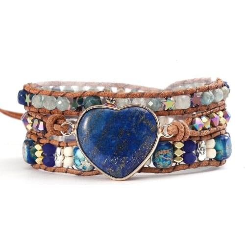 Natural Stones Heart Couple Balance Wrap Bracelets Regalite Crystals Hematite Beaded Bangles