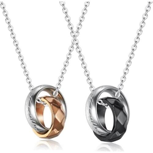 Stainless Steel Lovers Rose Gold Black Circle Round Pendant Necklace Jewelry Gift For Him with Chain