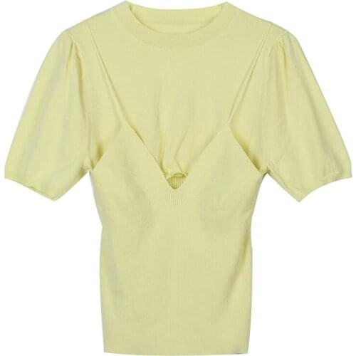 Nes Retro Round Neck Short Sleeve Slim Yellow Thin Fake Two Piece Knitted Top Pullover Sexy Summer Womens Clothes Brand Design