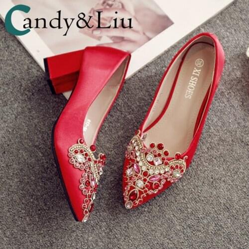 2020 New Crystal Wedding Shoes Womens Pregnant Womens Thick-Heeled High-Heel Pointed Shoes Low-Heeled Red Crystal Bridal Shoes