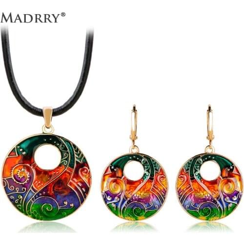 Madrry Enamel Round Circle Jewelry Sets for Women Pendant Necklace & Earrings Leather Chain Vintage Feminino Aretes 3 Colors