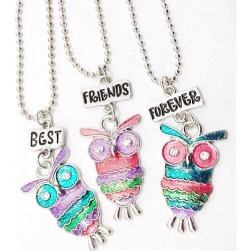 Fashion Set of 3 Best Friends Forever Multi Mix Colorful Epoxy Glitter Glass Kids Cute Lovely Owl Necklace BFF Jewelry