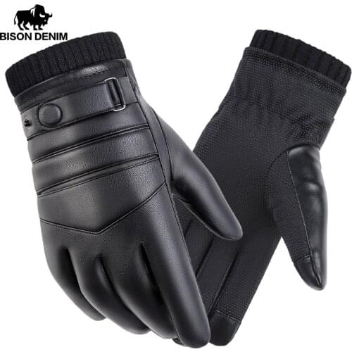 Business Mens Winter Warm Gloves Touch Screen PU Leather Cycling Outdoor Windproof Winter Thicken Gloves for Male